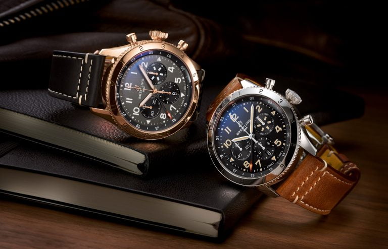 Breitling Super AVI P-51 Mustang in 18 k red gold and in stainless-steel (from left to right)
