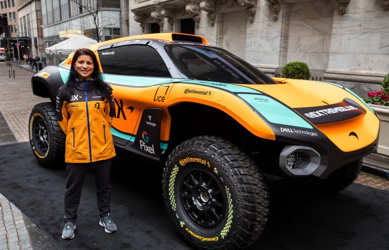 Emma Gilmour, Driver, outside of the NYSE - Photography courtesy of NYSE, provided by McLaren Racing