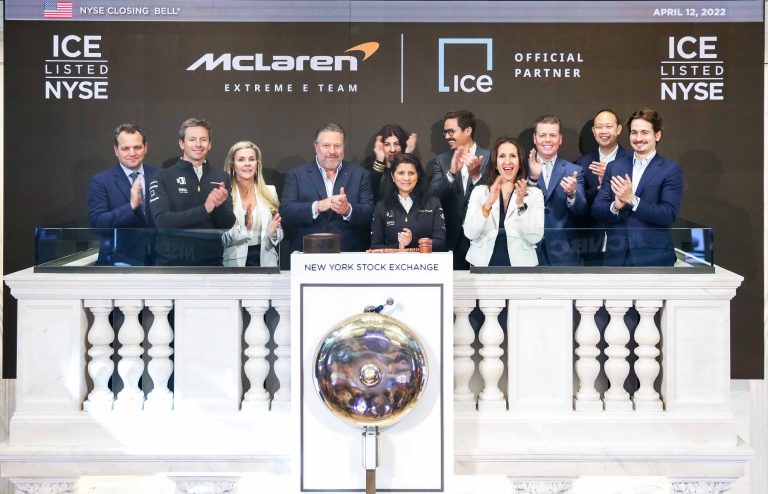 Emma Gilmour, Tanner Foust, and Zak Brown at the Opening Bell, NYSE - Photography courtesy of NYSE, provided by McLaren Racing