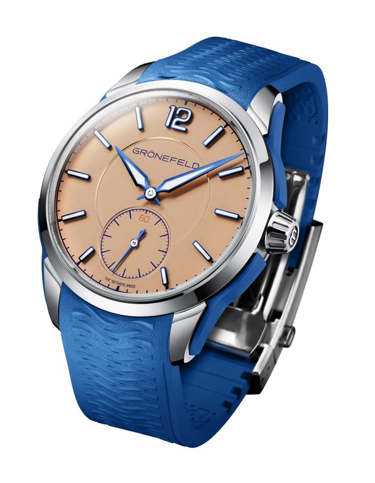 Grönefeld 1969 DeltaWorks - Salmon Colorway in Steel with Blue Rubber and Blue Strap - Imagery courtesy of Grönefeld