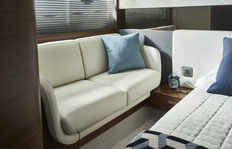 Princess V50 - Owners stateroom sofa - Imagery courtesy of Princess Yachts Limited 2021