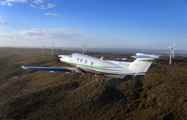 Pilatus PC-12, VH-STE, captured departing Esperance Airport, Western Australia. Imagery courtesy of Pilatus Aircraft Ltd.