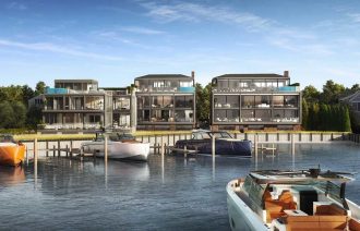 2 West Water will transform a formerly blighted parcel into a luxury destination with a host of amenities and amazing views. View from the water rendered with Vanquish Yachts' new VQ 58 and private dock.